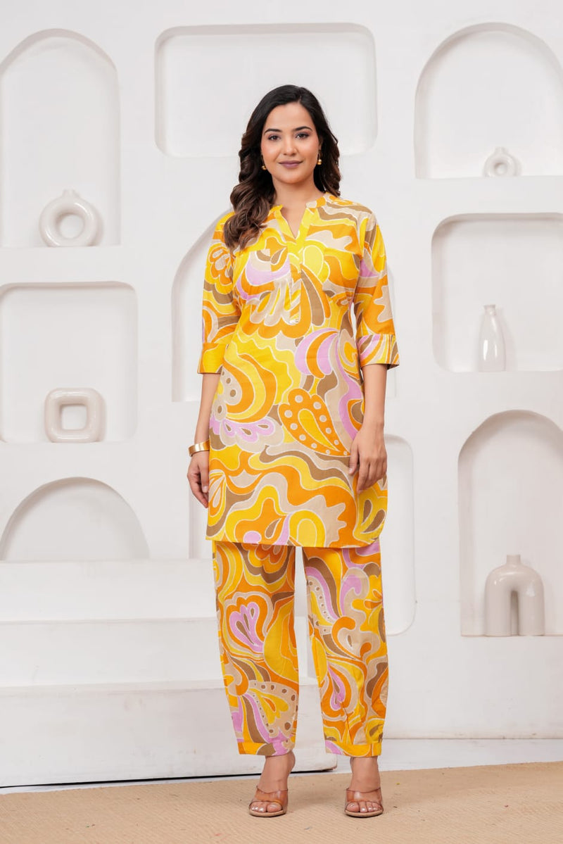 Yellow Abstract Print Cord Set