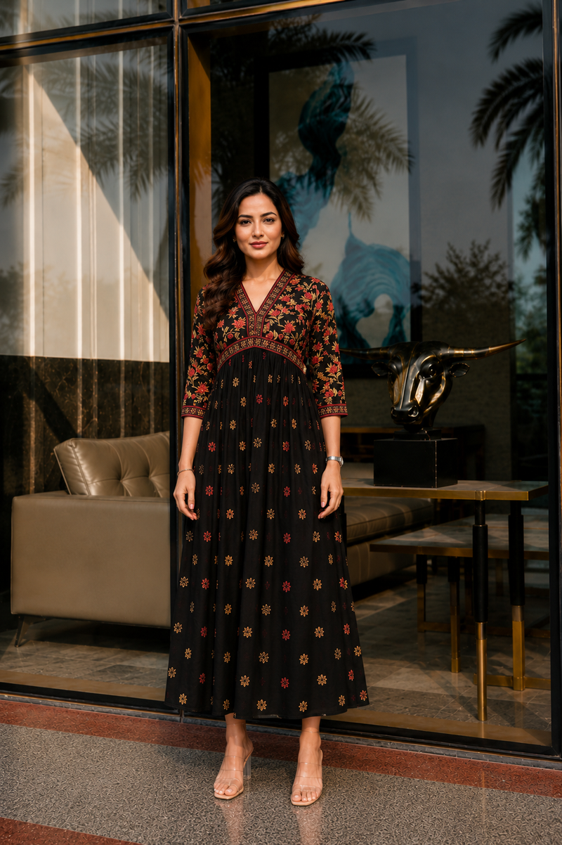 Classic Black Printed Rayon Kurta for Women