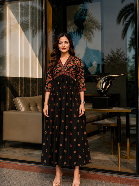 Classic Black Printed Rayon Kurta for Women