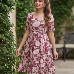 Wine Blossom Square Neck Midi Dress