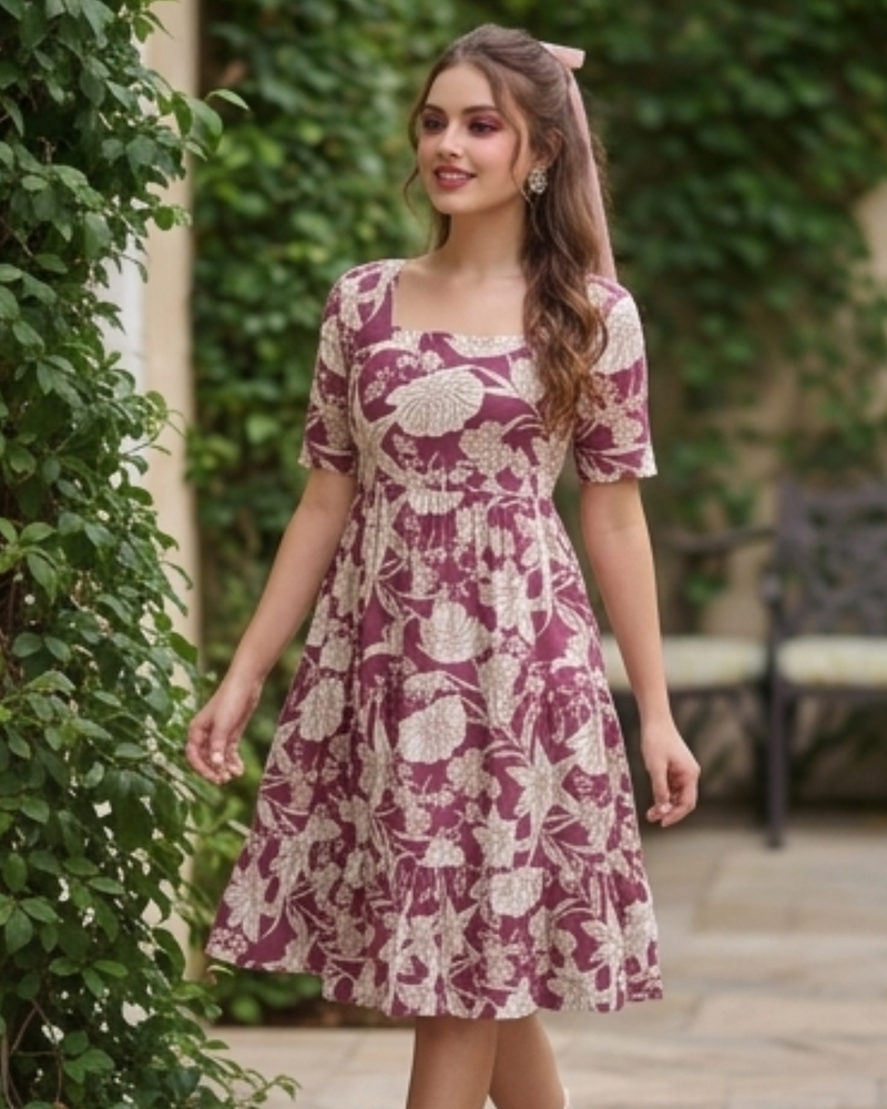 Wine Blossom Square Neck Midi Dress