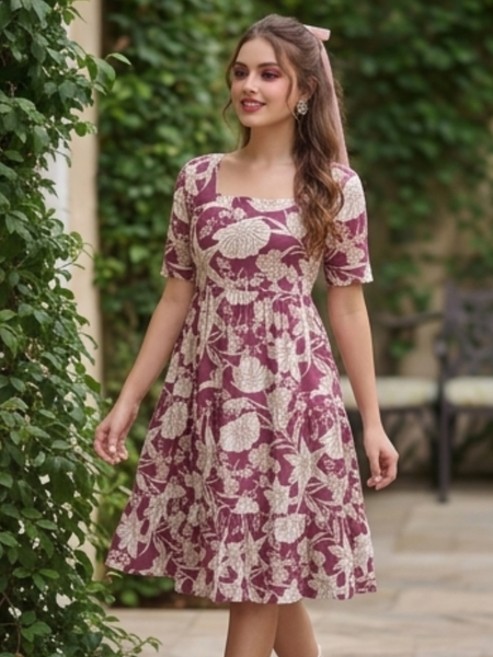 Wine Blossom Square Neck Midi Dress