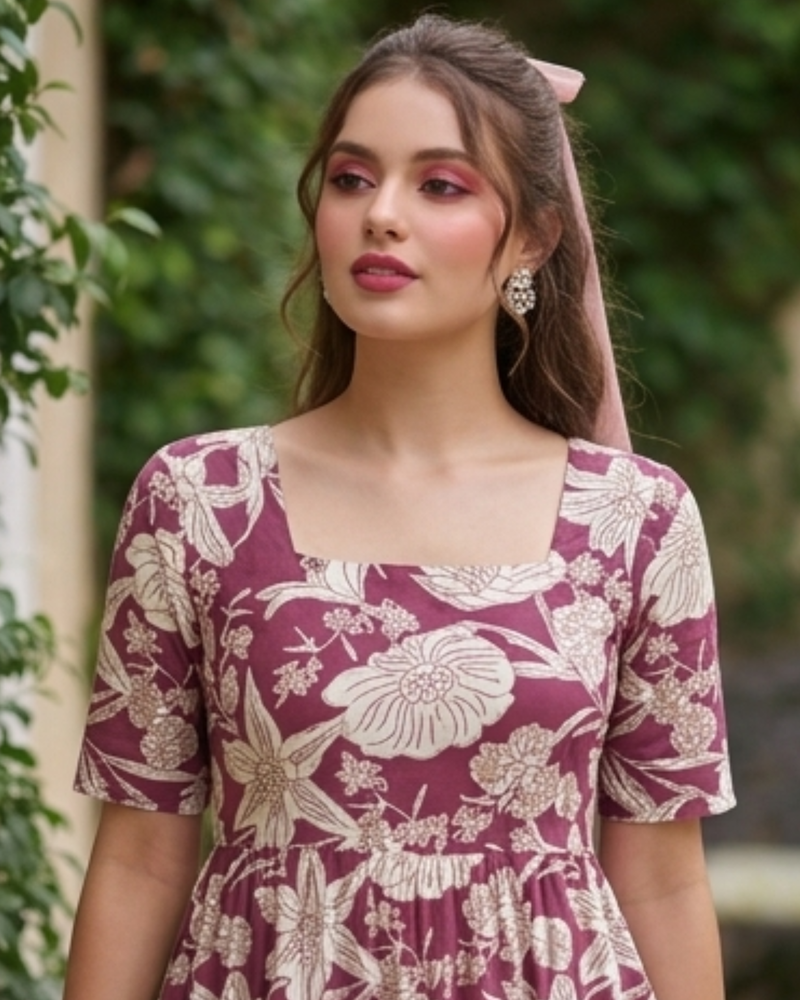 Wine Blossom Square Neck Midi Dress