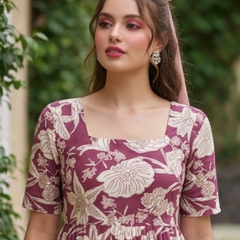 Wine Blossom Square Neck Midi Dress