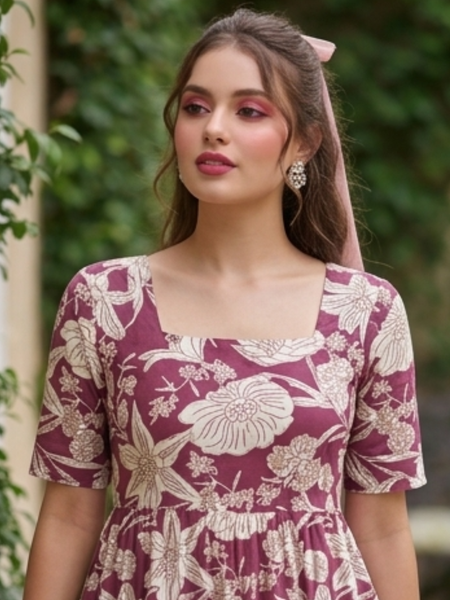 Wine Blossom Square Neck Midi Dress