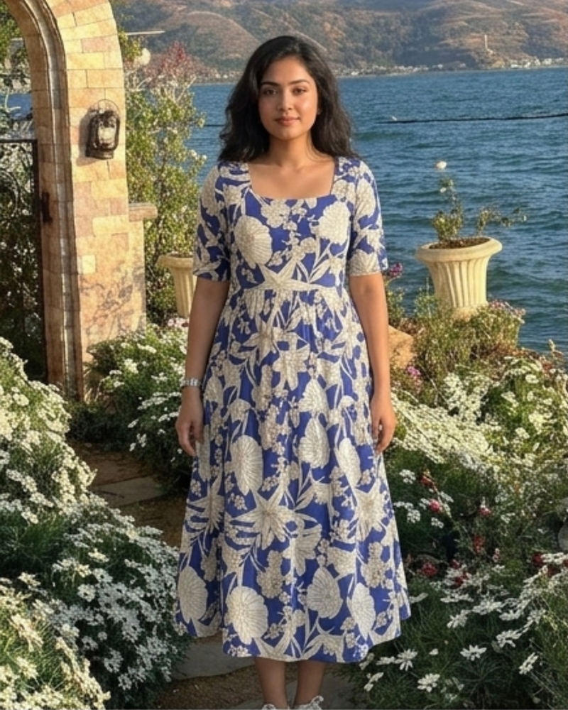 Ocean Bloom Square Neck Midi Dress