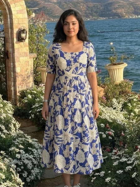 Ocean Bloom Square Neck Midi Dress