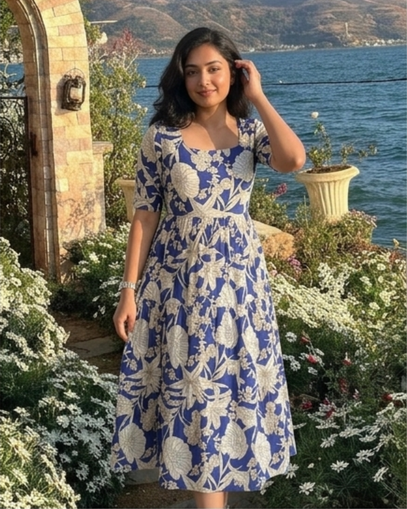 Ocean Bloom Square Neck Midi Dress
