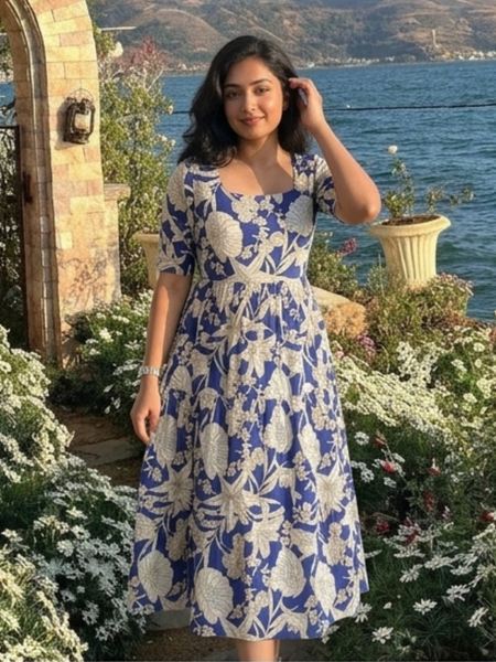 Ocean Bloom Square Neck Midi Dress