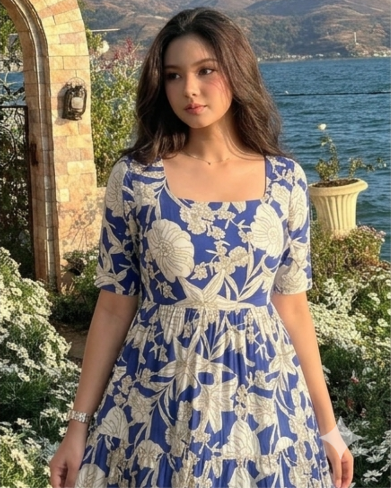 Ocean Bloom Square Neck Midi Dress