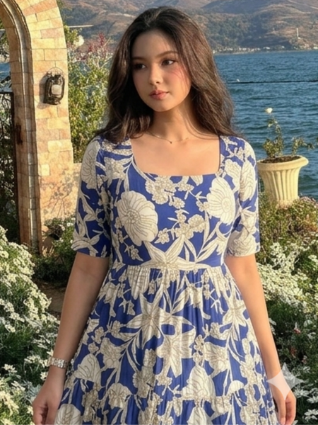 Ocean Bloom Square Neck Midi Dress