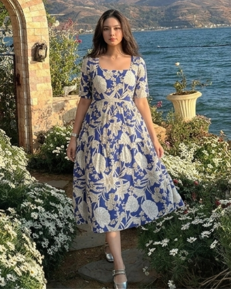 Ocean Bloom Square Neck Midi Dress