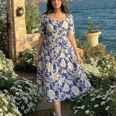 Ocean Bloom Square Neck Midi Dress