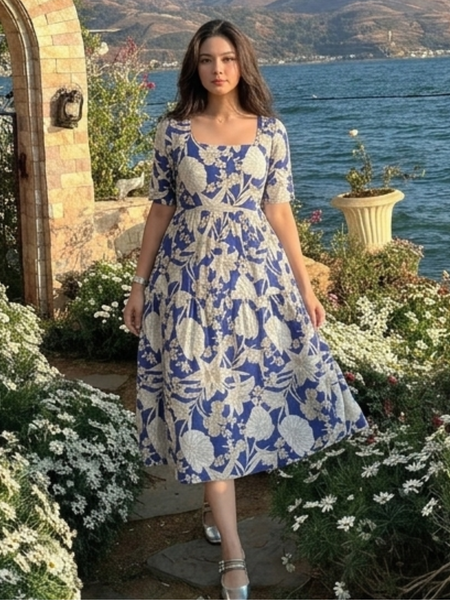 Ocean Bloom Square Neck Midi Dress