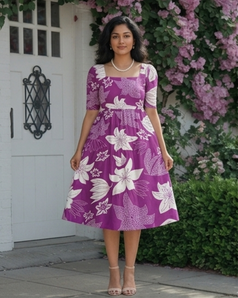 Royal Orchid Square Neck Midi Dress