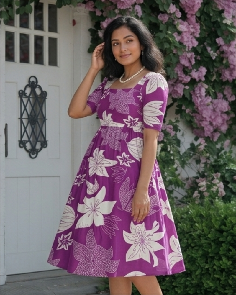 Royal Orchid Square Neck Midi Dress