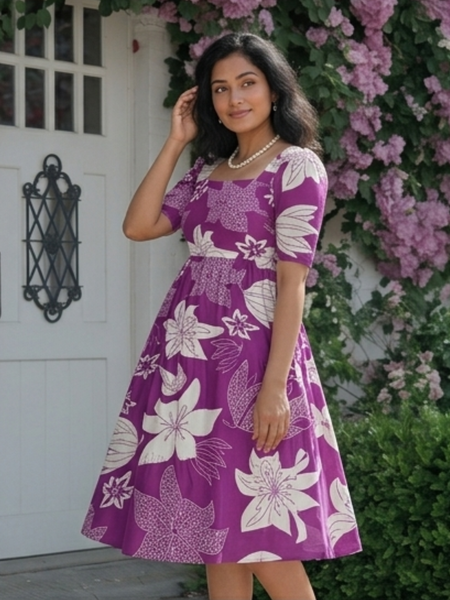 Royal Orchid Square Neck Midi Dress