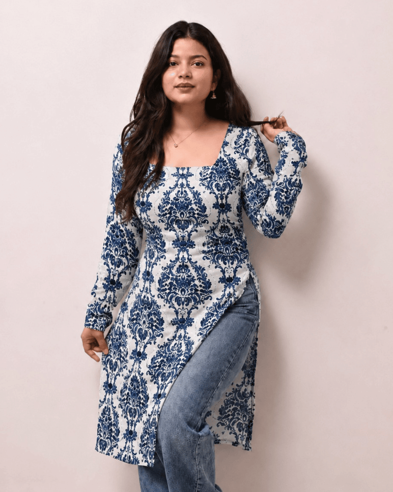 Women's Blue Printed Rayon Long Kurti | Square Neck Casual Ethnic Wear