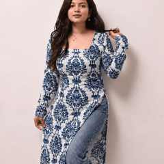 Women's Blue Printed Rayon Long Kurti | Square Neck Casual Ethnic Wear