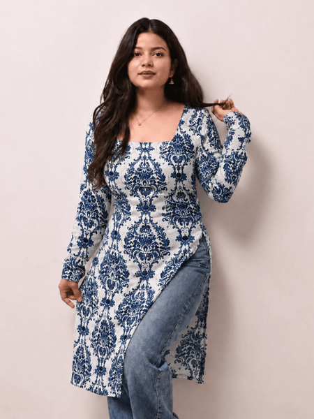 Women's Blue Printed Rayon Long Kurti | Square Neck Casual Ethnic Wear