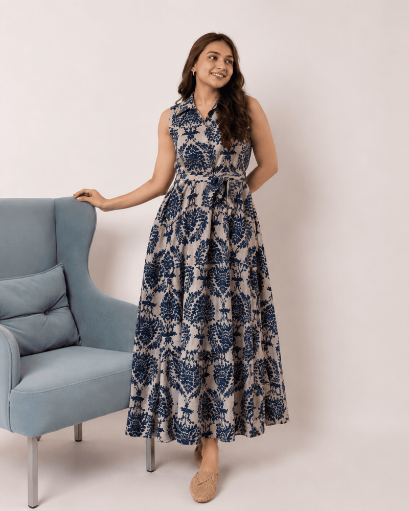 Women's Blue Printed Sleeveless  Dress | Elegant Casual Dress