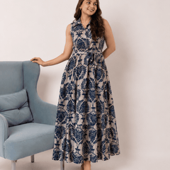 Women's Blue Printed Sleeveless  Dress | Elegant Casual Dress