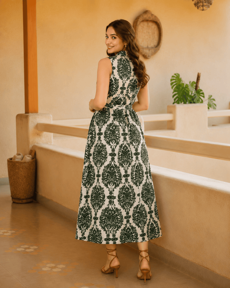 Women's Green Printed Rayon Midi Dress | V-Neck Casual A-Line Dress