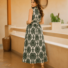 Women's Green Printed Rayon Midi Dress | V-Neck Casual A-Line Dress
