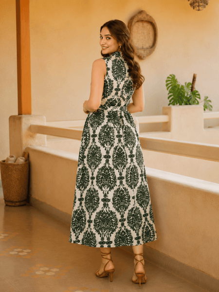 Women's Green Printed Rayon Midi Dress | V-Neck Casual A-Line Dress