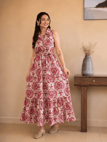 Women's Wine Printed Sleeveless  Dress | Elegant Casual Dress
