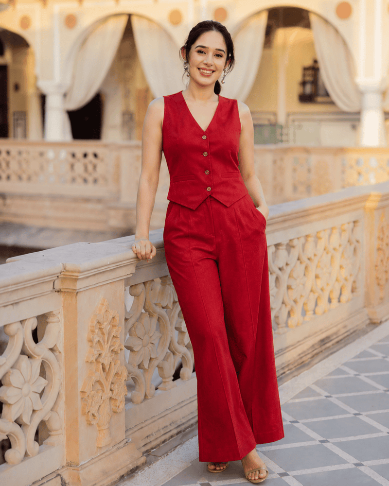 Women's Red Cotton Flex Sleeveless Co-Ord Set | Casual & Stylish Outfit