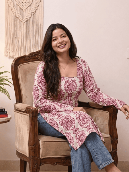 Women's Pink Printed Rayon Long Kurti | Square Neck Casual Ethnic Wear