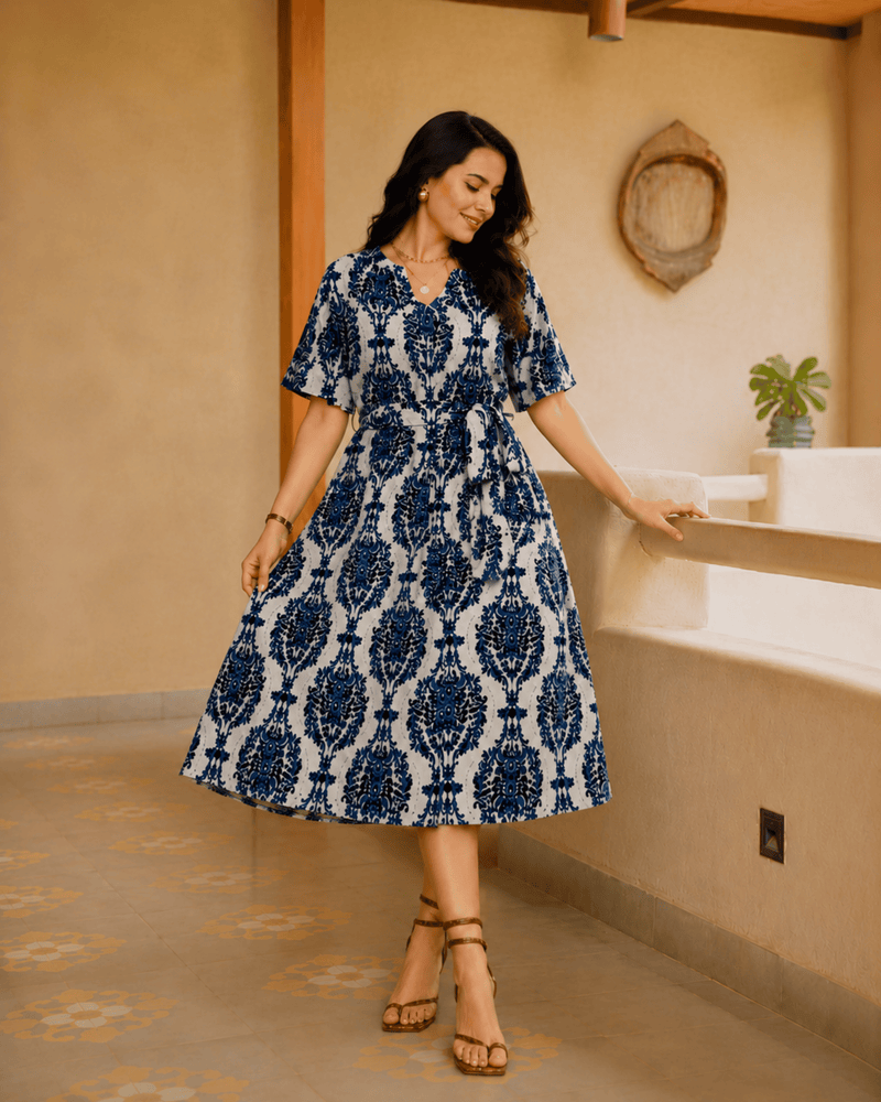 Women's Blue Printed Rayon Midi Dress | V-Neck Casual A-Line Dress