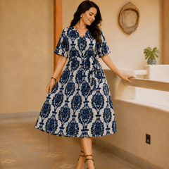 Women's Blue Printed Rayon Midi Dress | V-Neck Casual A-Line Dress