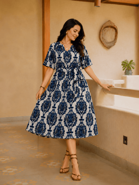 Women's Blue Printed Rayon Midi Dress | V-Neck Casual A-Line Dress