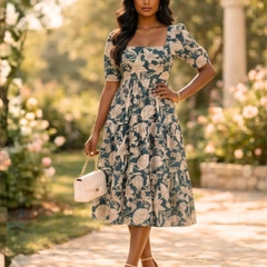 Vintage Bloom Square Neck Midi Dress