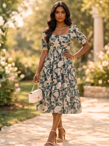 Vintage Bloom Square Neck Midi Dress