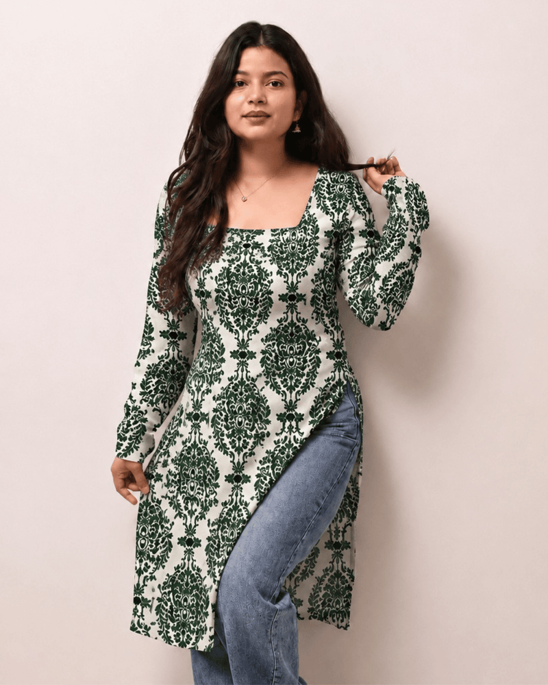 Women's Green Printed Rayon Long Kurti | Square Neck Casual Ethnic Wear