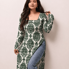 Women's Green Printed Rayon Long Kurti | Square Neck Casual Ethnic Wear