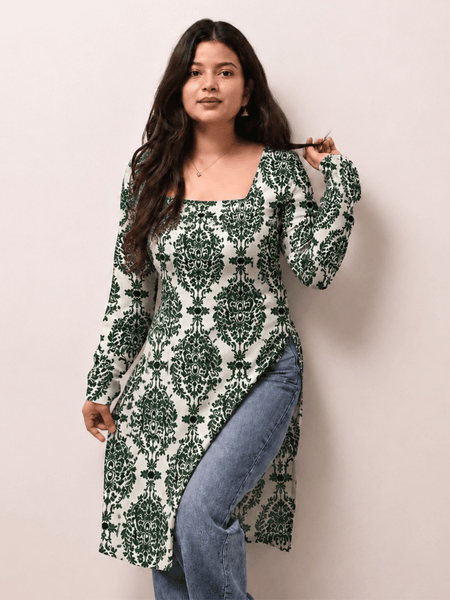 Women's Green Printed Rayon Long Kurti | Square Neck Casual Ethnic Wear