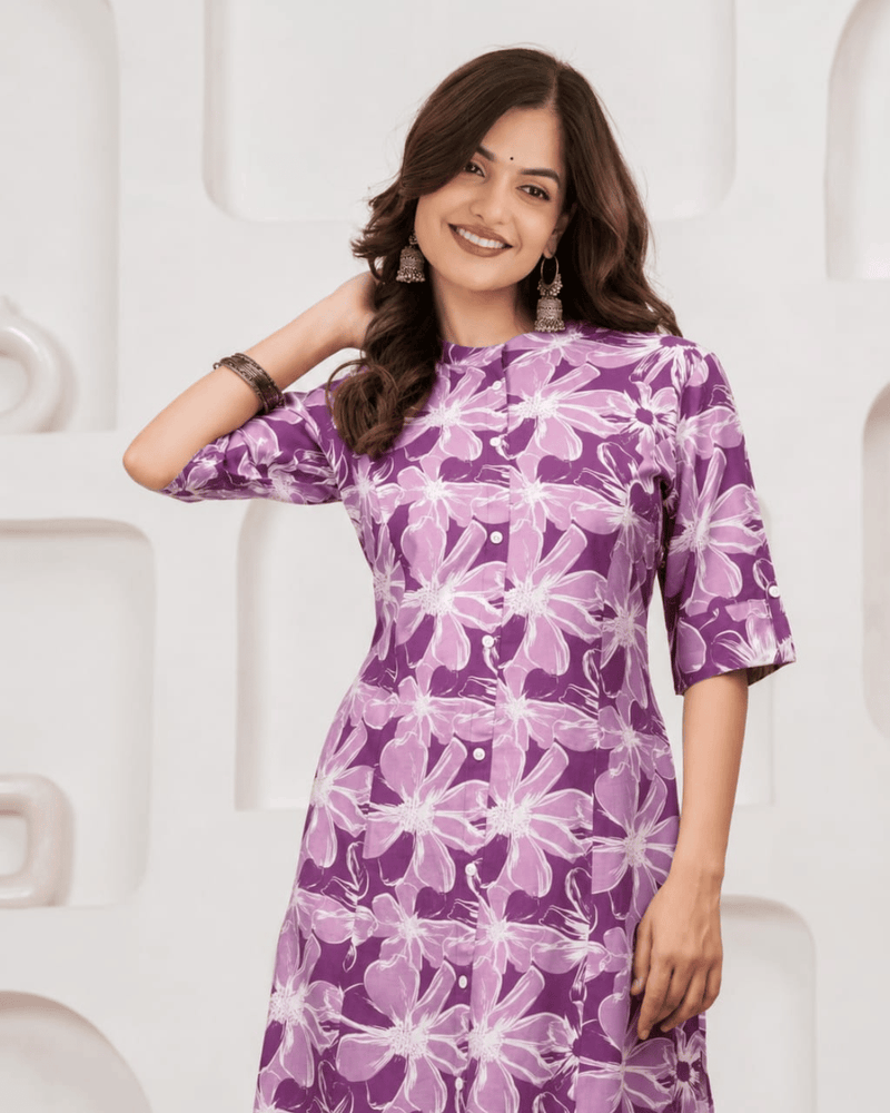 Women's Purple Floral Printed Rayon Kurta Set | Elegant Casual & Ethnic Wear