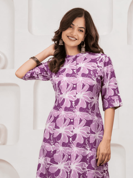 Women's Purple Floral Printed Rayon Kurta Set | Elegant Casual & Ethnic Wear