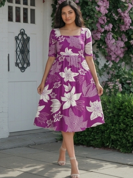 Royal Orchid Square Neck Midi Dress