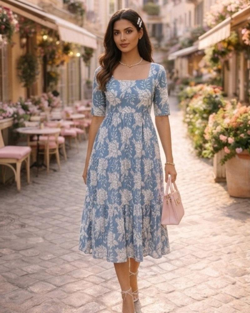 Elegant Blue Floral Midi Dress for Women