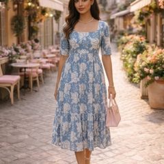 Elegant Blue Floral Midi Dress for Women