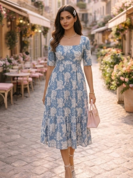 Elegant Blue Floral Midi Dress for Women