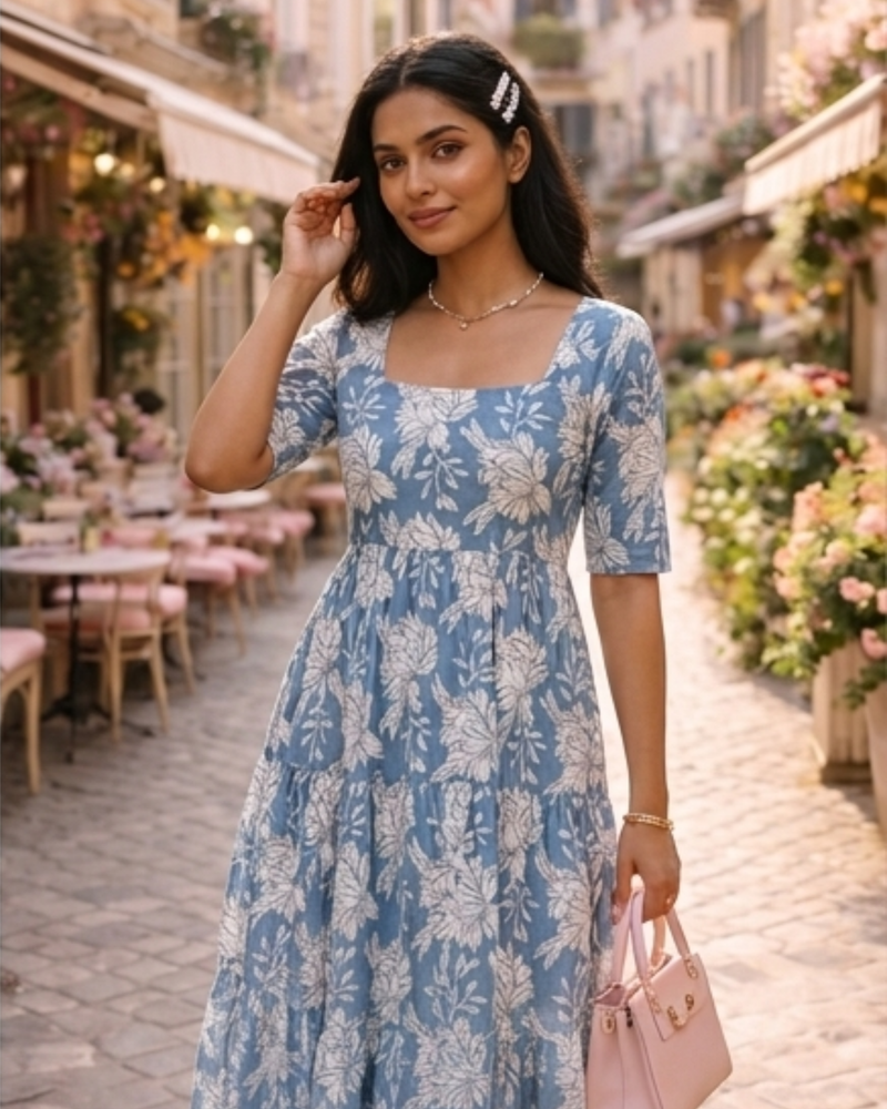 Elegant Blue Floral Midi Dress for Women