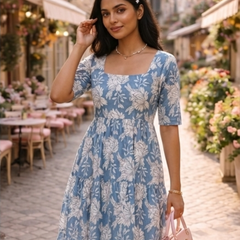 Elegant Blue Floral Midi Dress for Women