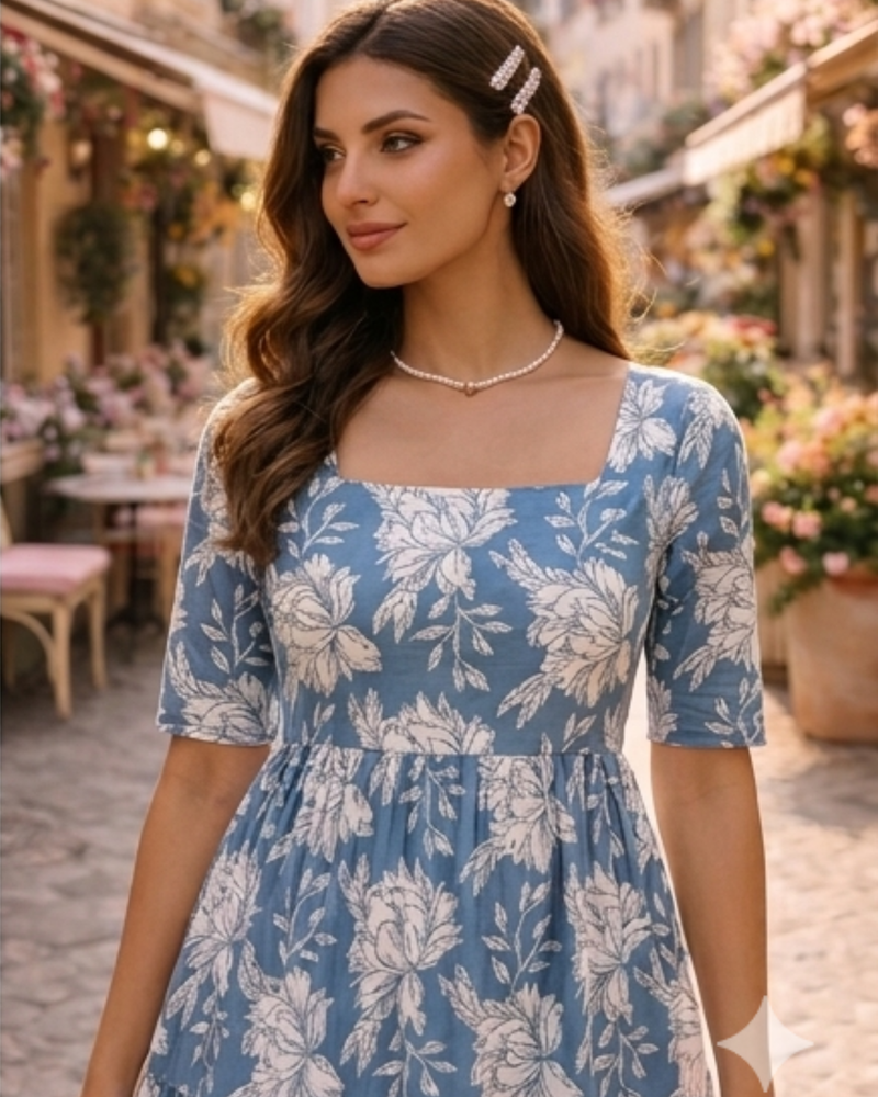 Elegant Blue Floral Midi Dress for Women