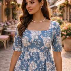 Elegant Blue Floral Midi Dress for Women